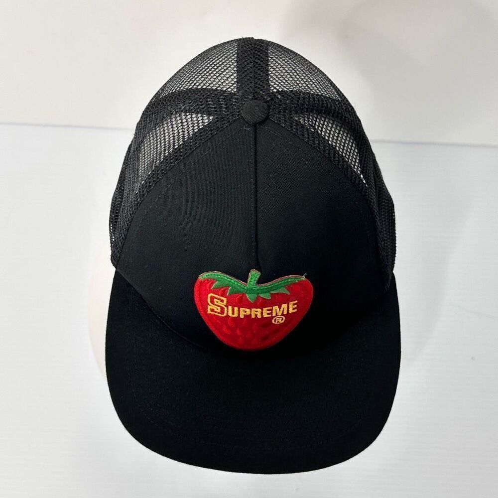 Supreme SS17 Strawberry Mesh Trucker 5-Panel Hat Black Made USA